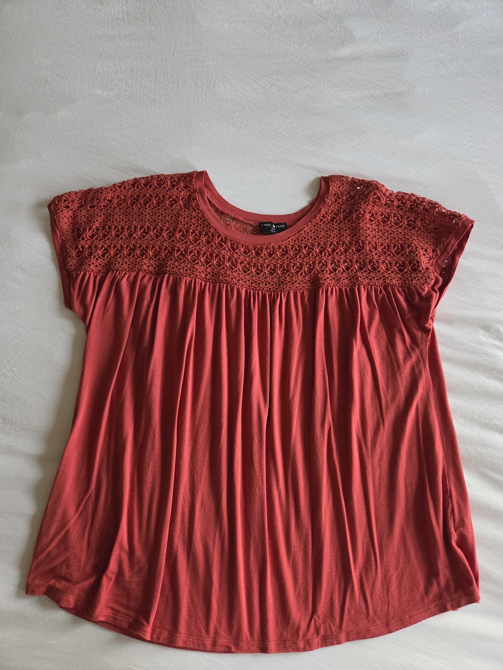 Lane Bryant Burnt Orange Crochet Yoke Short Sleeve Blouse